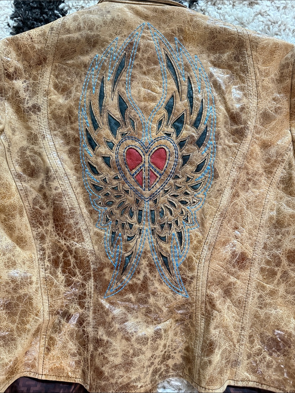 Distressed Tan Leather Jacket with Embroidered Wing & Heart Back - Picture 2 of 15